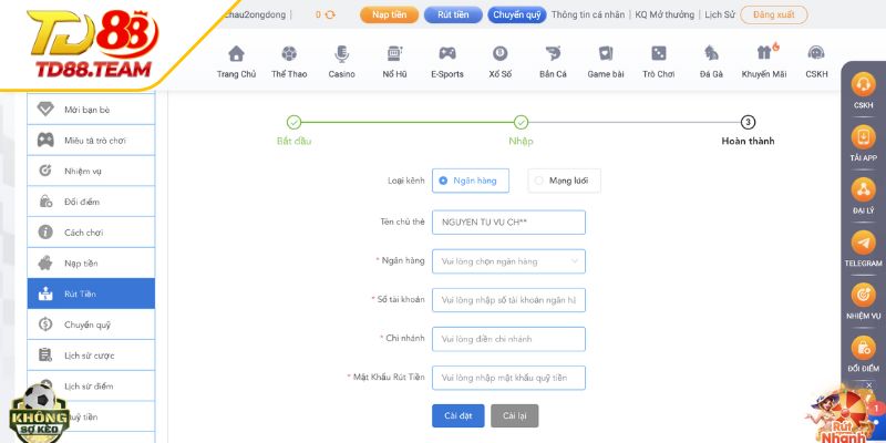 Liên kết ngân hàng để rút tiền TD88