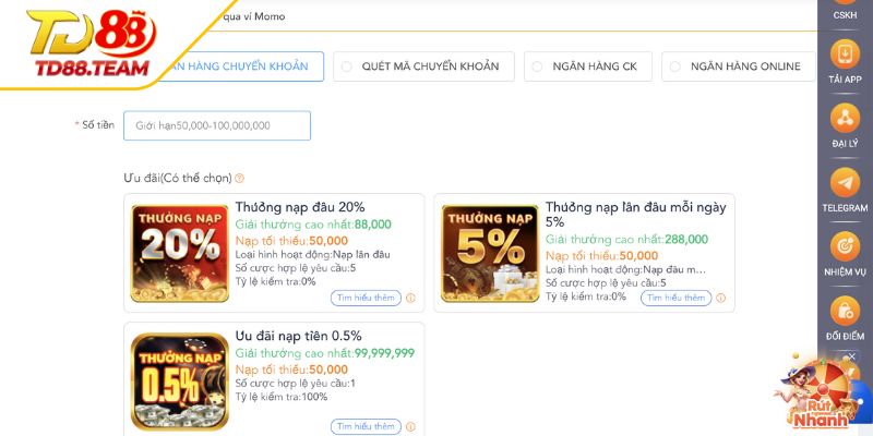 Cách thức nạp tiền TD88 nhanh qua ngân hàng